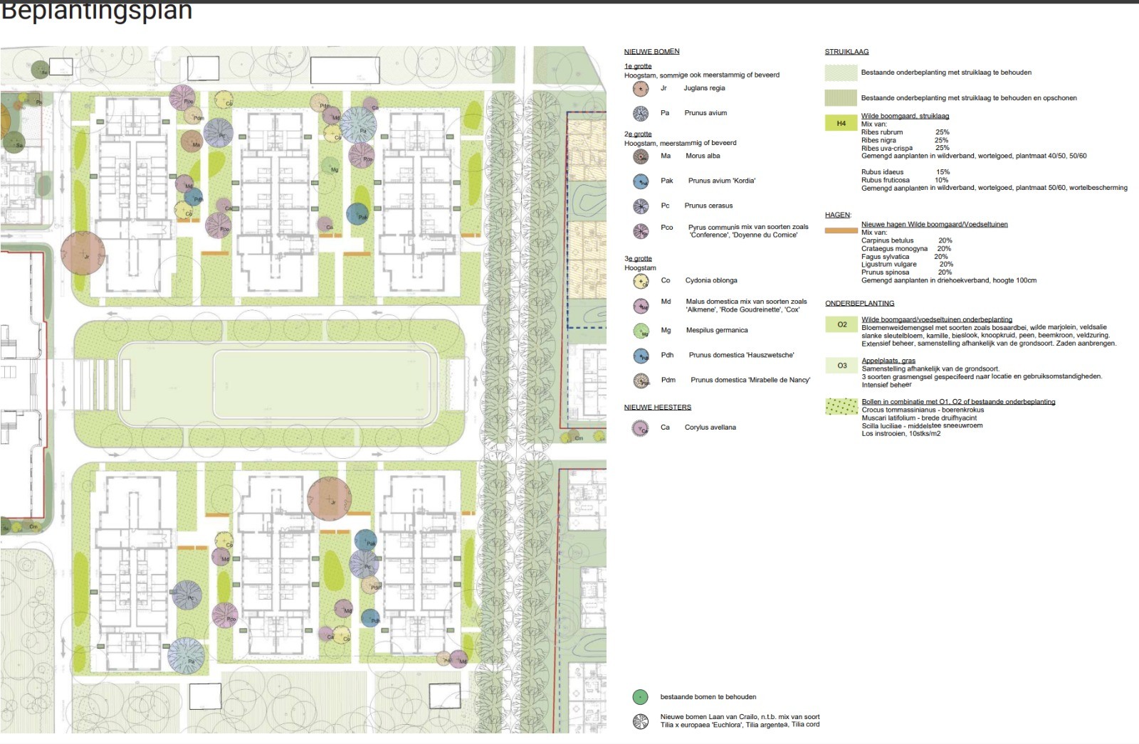 Beplantingsplan Buurtschap Crailo met nieuwe bomen, hagen, struiklaag en onderbeplanting
